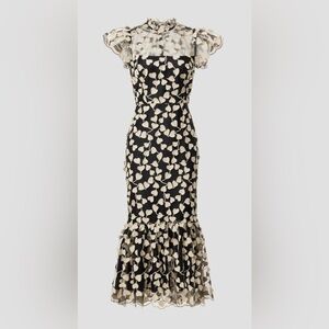Shoshanna Midnight Black and Golden Cream Leaf Midi Dress